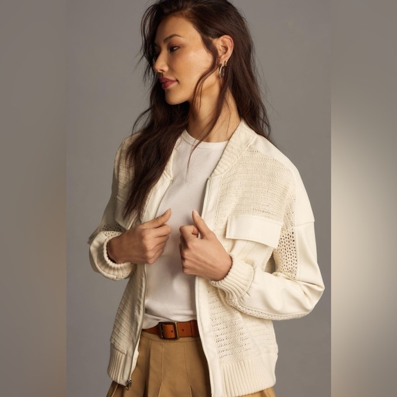 Anthropologie Jackets & Blazers - Anthropologie Crochet Bomber Cardigan Ivory Excellent Size L